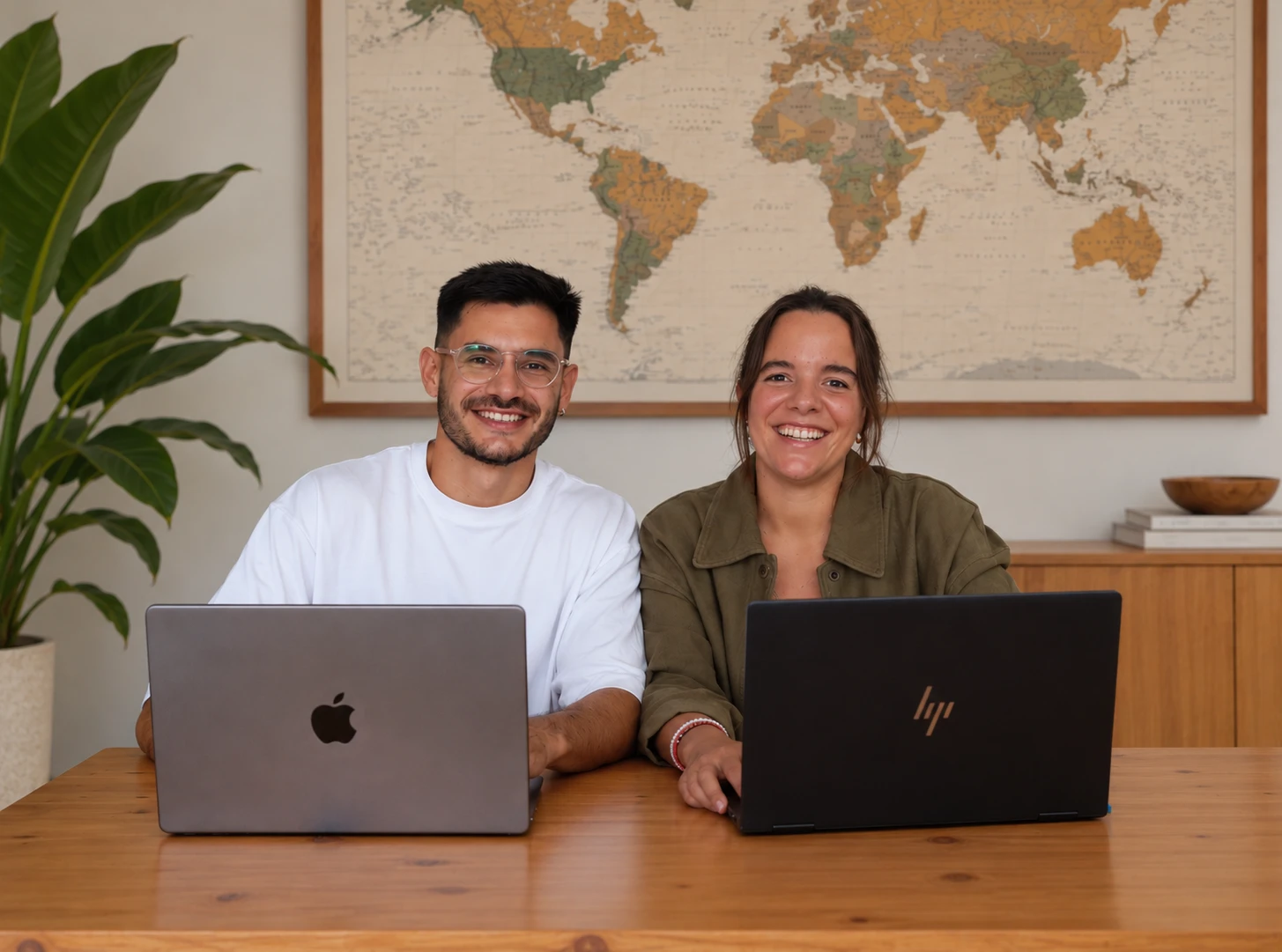 Mati y Lu sonriendo frente a sus computadoras, con un mapamundi de fondo